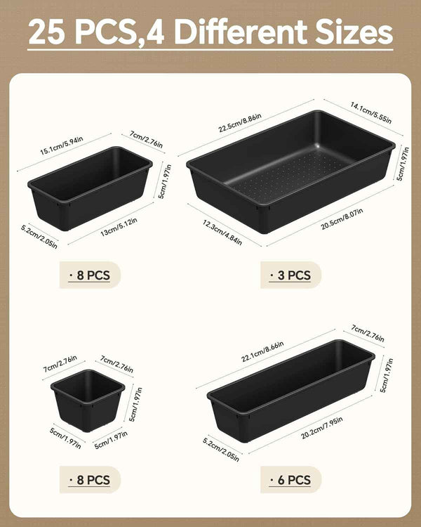 25-piece plastic drawer organizer set for makeup and desk storage, 4 sizes, black, stackable, easy to assemble