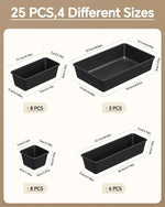 25-piece plastic drawer organizer set for makeup and desk storage, 4 sizes, black, stackable, easy to assemble