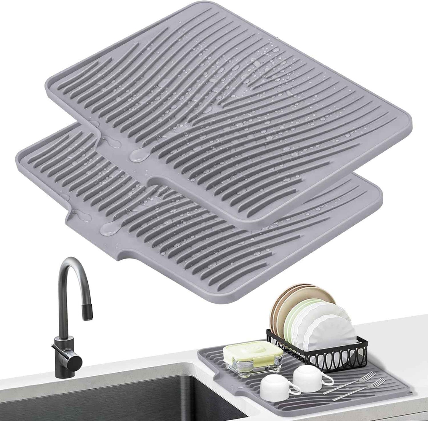 Silicone Dish Drying Mat for Kitchen Counter, Dish Drying Pad, Non-Slip Drain Pad with Built-in Drain, Heat Resistant Stone Drying Mat(15.8" x 13", Grey)