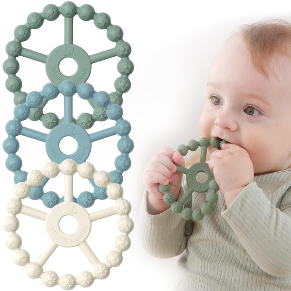 silicone teether ring toys for babies 0-6 months, 3-pack purple pink white
