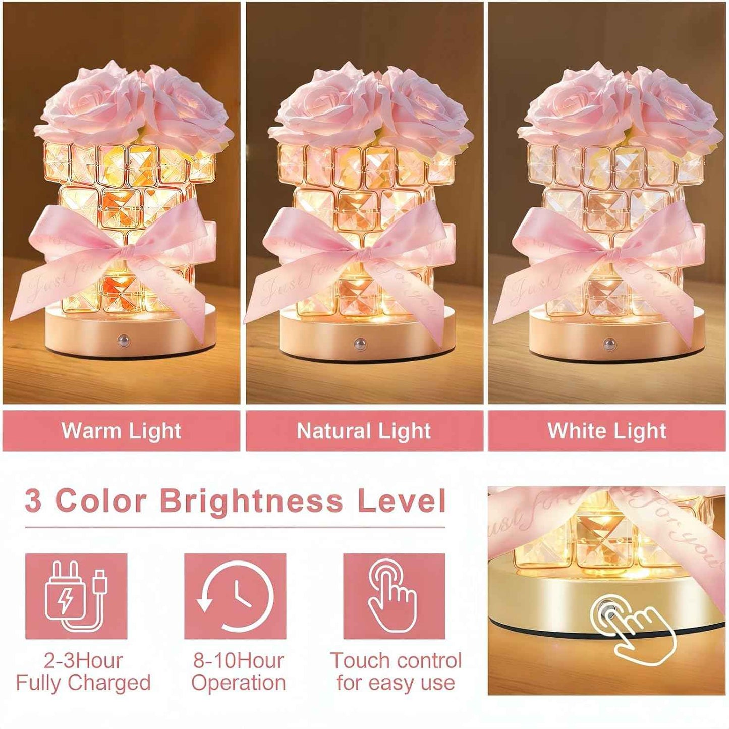Christmas Gifts for Woman, Touch Crystal Rose Lamp, Elegant Flower Lamps, Pink Roses Crystal Lights Base, Rose Nightlight, Gifts for Her, Mom, Wife, Girlfriend, Valentines, Birthday Gifts