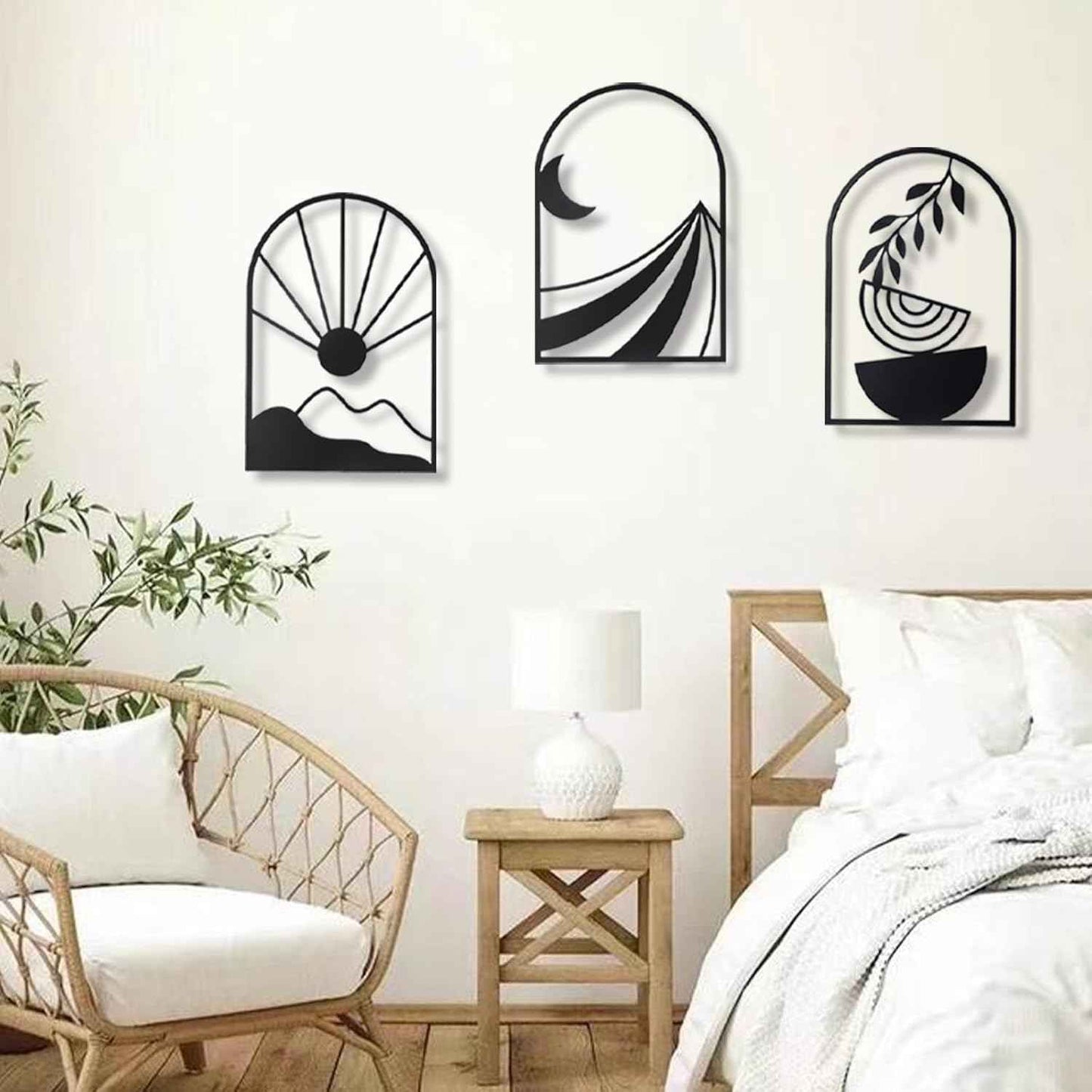 OYEFLY 3 PCS Boho Black Metal Wall Decor,Black Boho Metal Wall Art