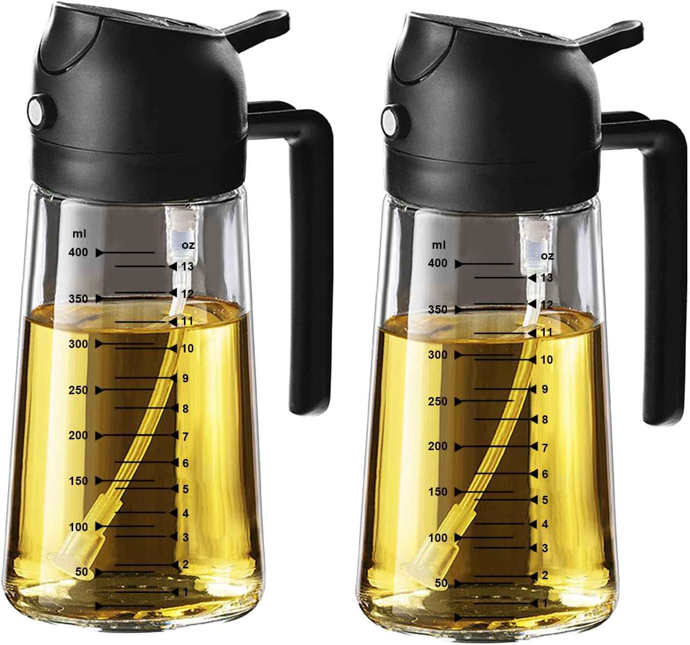 TrendPlain 16oz/470ml Glass Olive Oil Sprayer for Cooking – 2 in 1 Olive Oil Dispenser Bottle for Kitchen Gadgets and Air Fryer Accessories, Salad, BBQ - Black