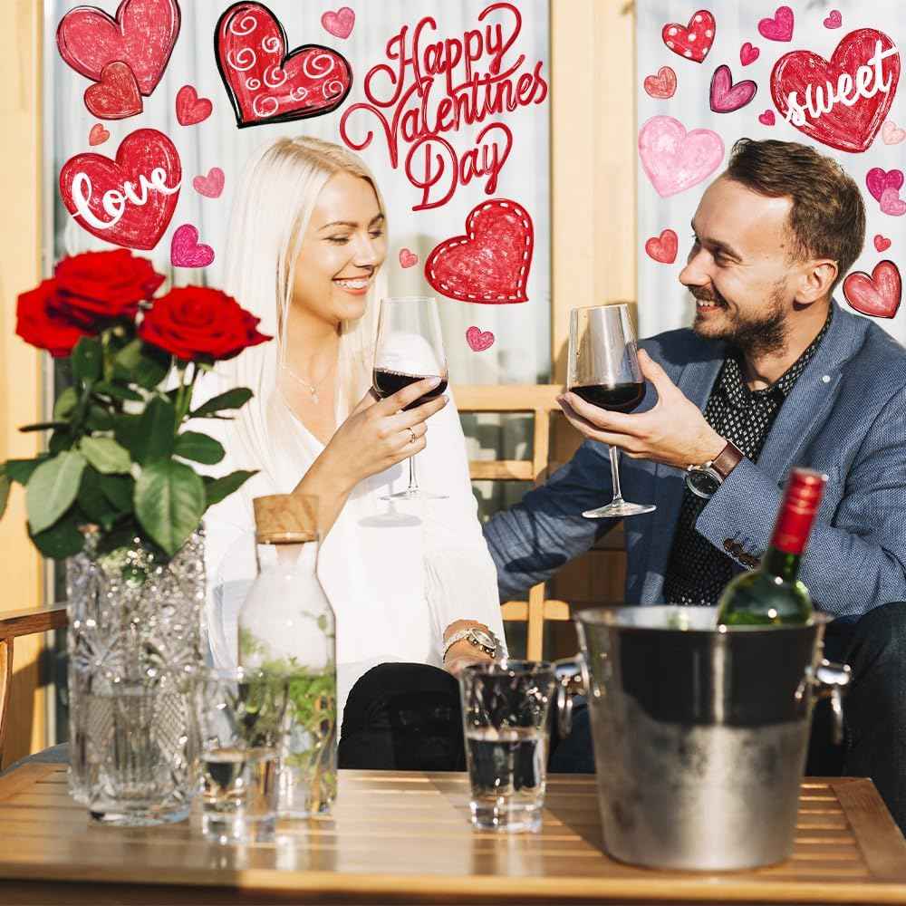DIYDEC 6 Sheets Valentines Window Cling Double-Sided Pink Red Love Heart Window Stickers Happy Valentines Window Decals for Home Wedding Anniversary Party Store Glass Holiday Decoration