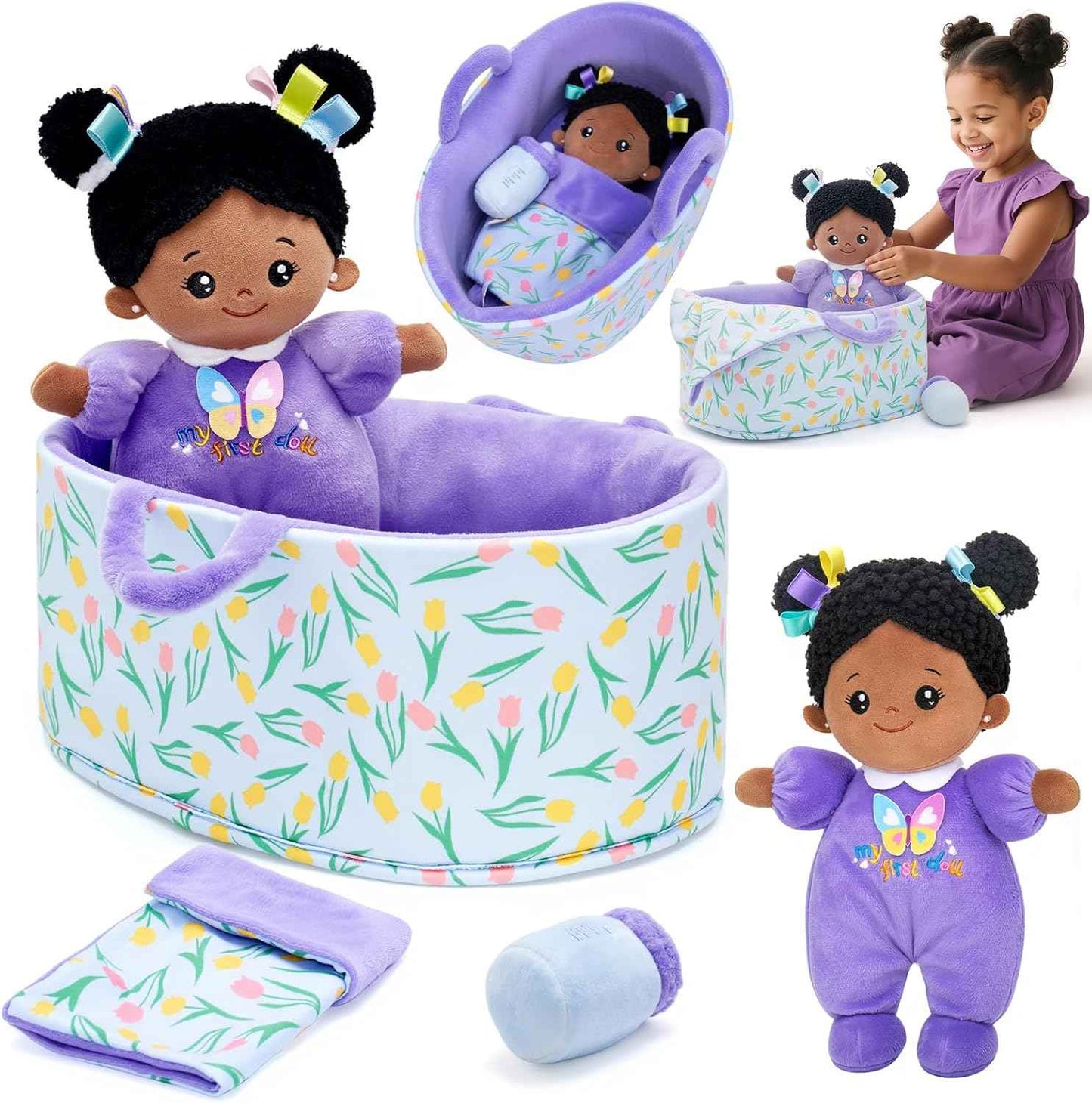 OUOZZZ Soft Baby Doll for 1+ Year Old Girl Gifts - Toys for 1+ Year Old Girl Birthday Christmas Plush Gifts for Toddler Adorable First Doll Tulip Pink 10"