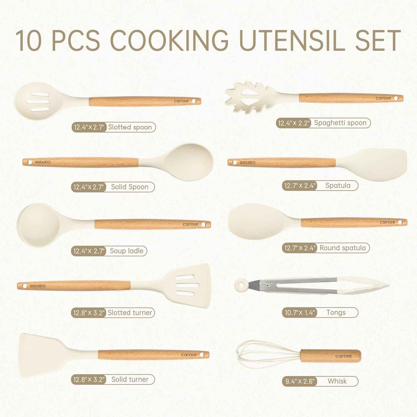 CAROTE Silicone Cooking Utensils Set, Kitchen Utensils Set 10 Pcs for cooking, BPA Free Spatula Set with Heat Resistant Wood Handles for Nonstick Cookware (Cream White)