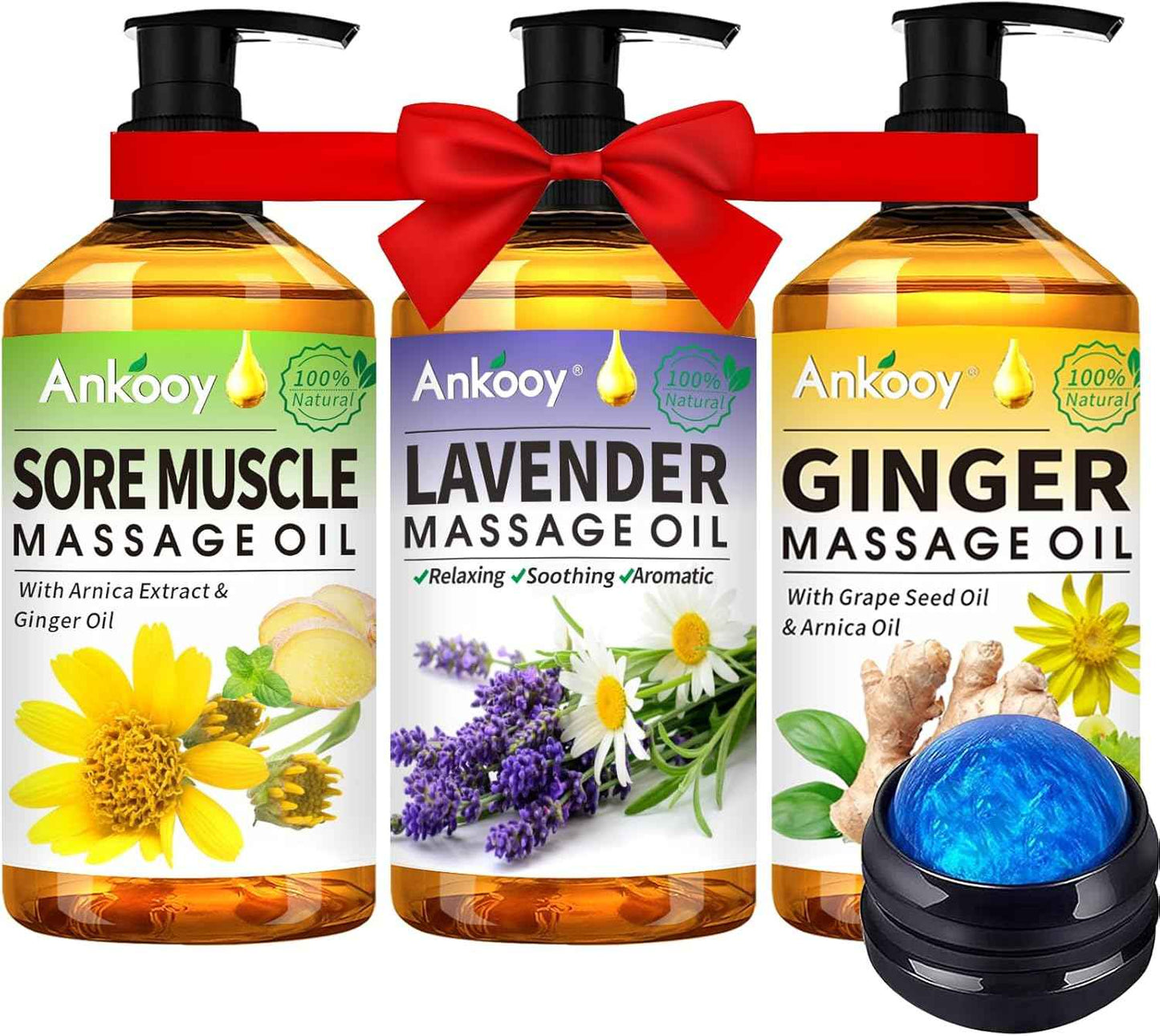 Valentines Day Gifts for Him & Her-3 Pack Massage Oil for Massage Therapy,Sore Muscle Arnica Oil & Relaxing Lavender Oil & Ginger Oil Lymphatic Drainage & Massage Ball,Valentines Gifts for Men Women