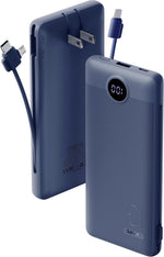 VRURC Portable Charger Built-in Cables and AC Wall Plug, USB C Power Bank 10000mAh, Travel Battery Portable Phone Charger Compact Lightweight External Battery Pack for Smart Phones, Tablets etc-Navy