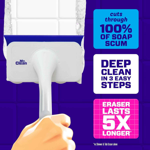 Mr. Clean Magic Eraser Shower, Tub Scrubber, Bathroom Cleaner, Lemon, Starter Kit, All in One