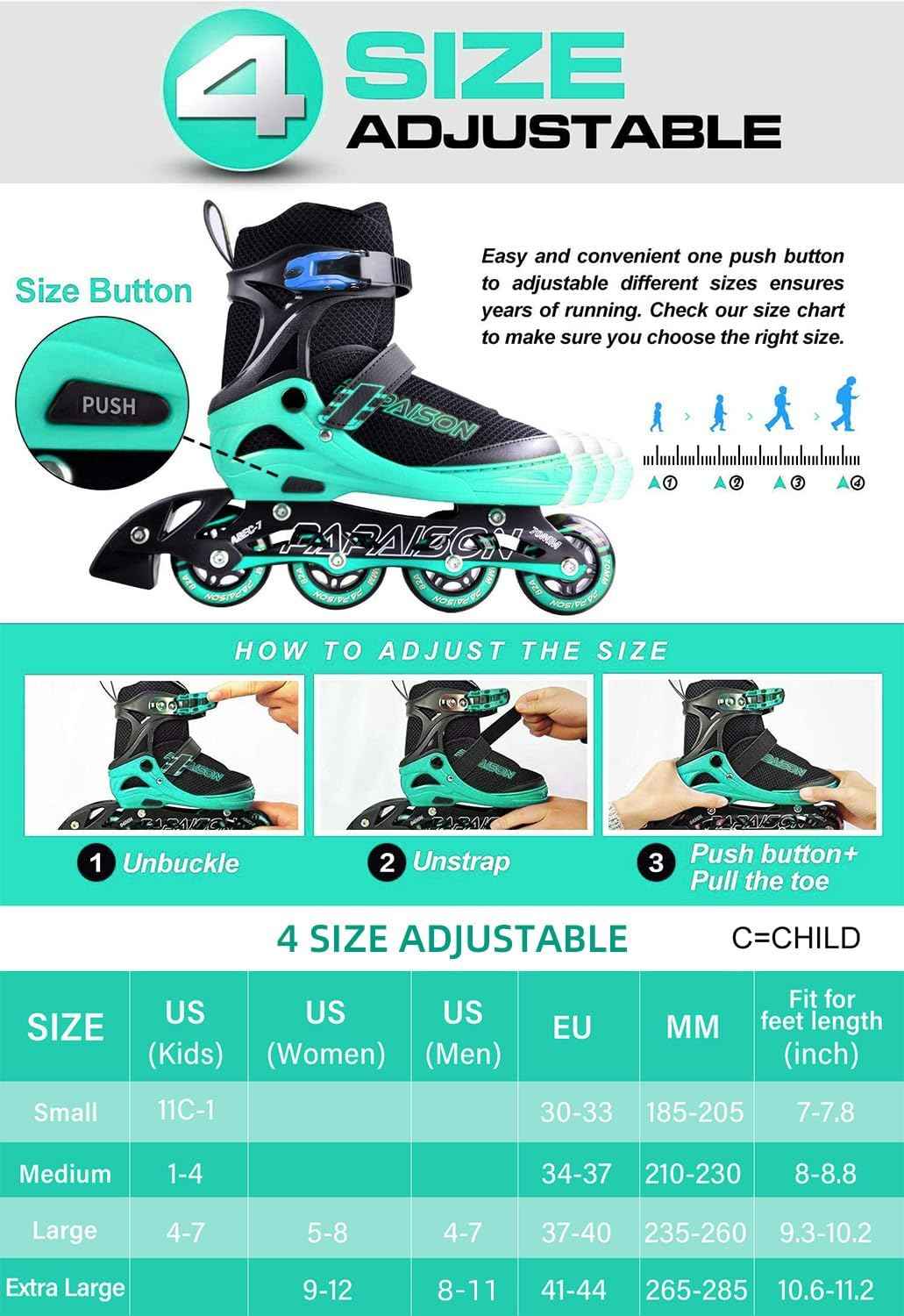 PAPAISON Adjustable Inline Skates for Kids and Adults with Full Light Up Wheels, Outdoor Roller Skates for Girls and Boys, Men and Women