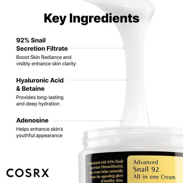 cosrx snail mucin 92% face moisturizer, 3.52 oz, lightweight, korean skin care cream