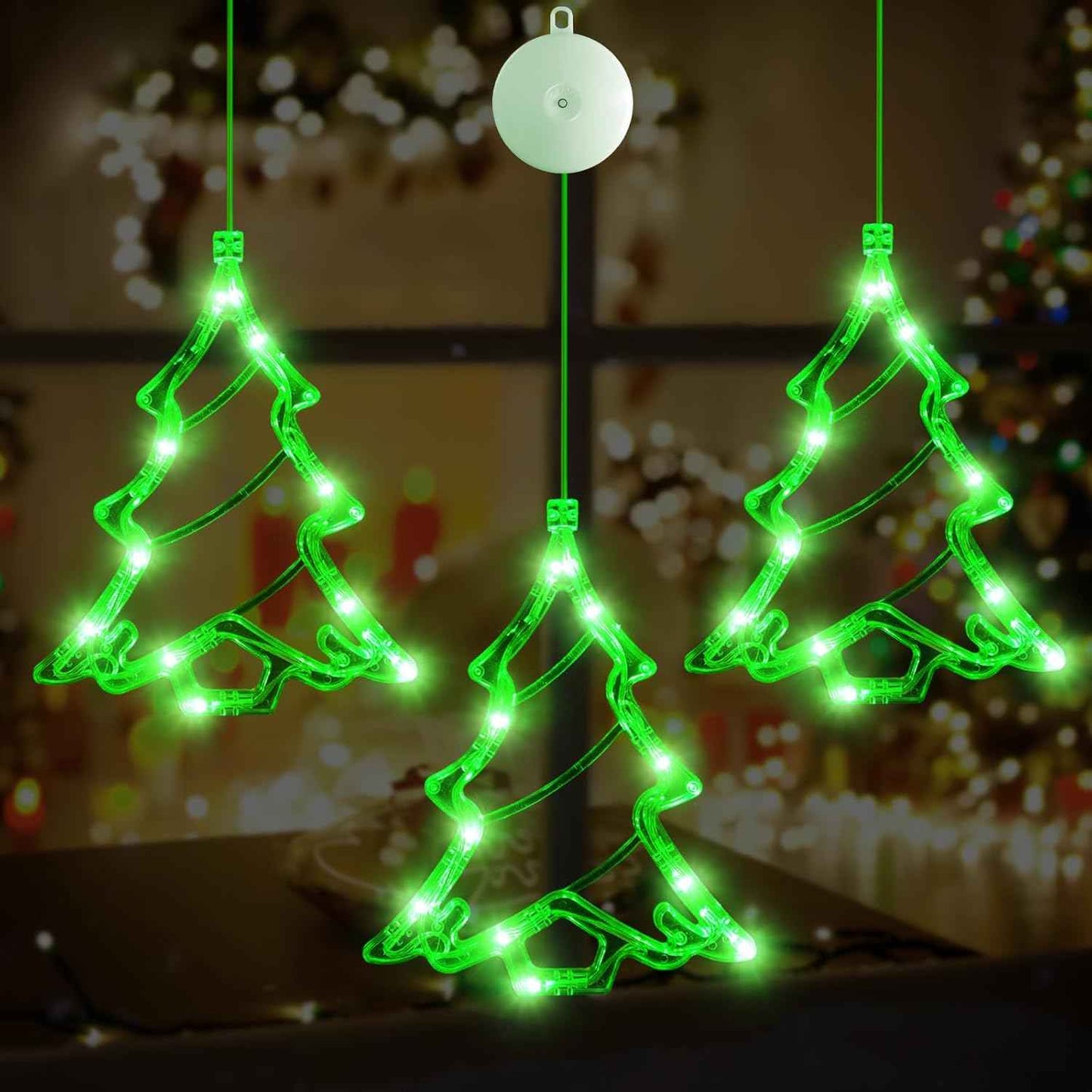 3Pcs Battery Powered LED Christmas Tree Shaped Window Lights - Green Sucker Lamps for Xmas Decor Indoors and Outdoors