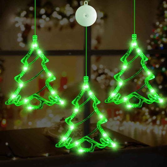 3Pcs Battery Powered LED Christmas Tree Shaped Window Lights - Green Sucker Lamps for Xmas Decor Indoors and Outdoors