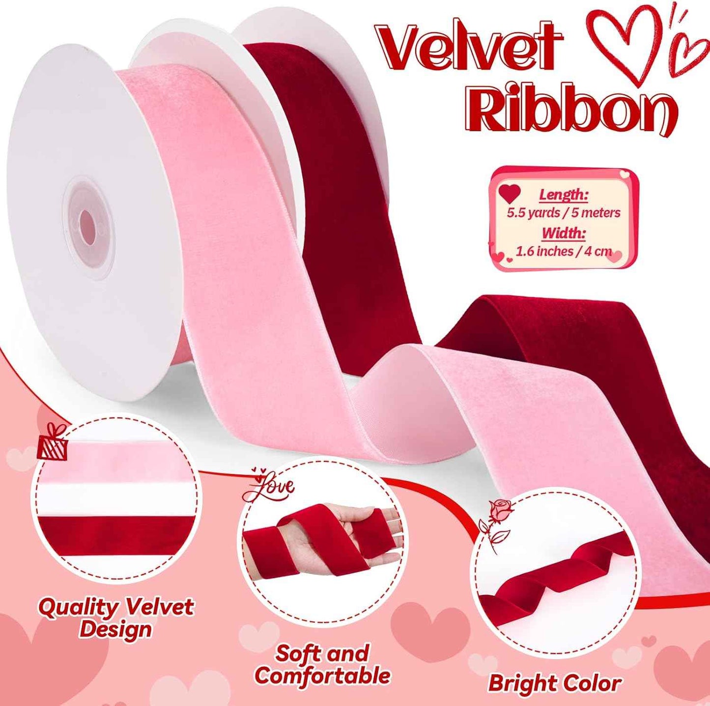 Valentine's Day Heart Tree Topper with 2 Rolls Velvet Ribbon, Velvet Tree Topper Decorations Red Pink Ribbon Ornaments for Valentine's Day Wedding Holiday Party Supplies Gifts Home Decor