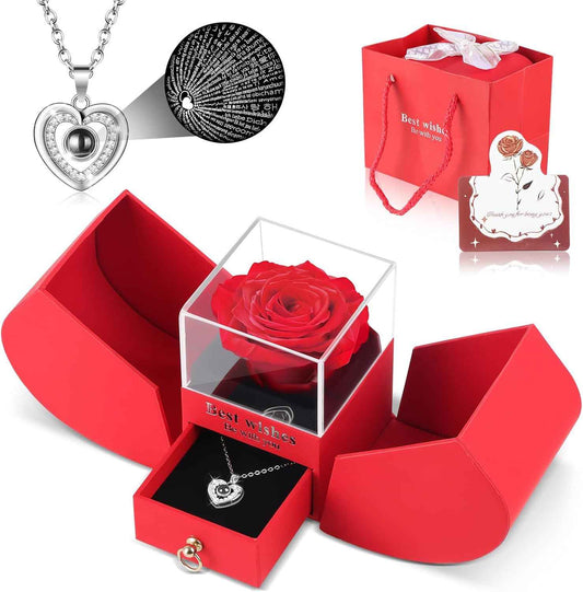 Preserved Red Forever Rose Heart Necklace Gift Box, Eternal Flowers "I Love You" Projection Jewelry for Women, Romantic Christmas Valentines Day Anniversary Birthday Gift for Her(Wife Girlfriend Mom)