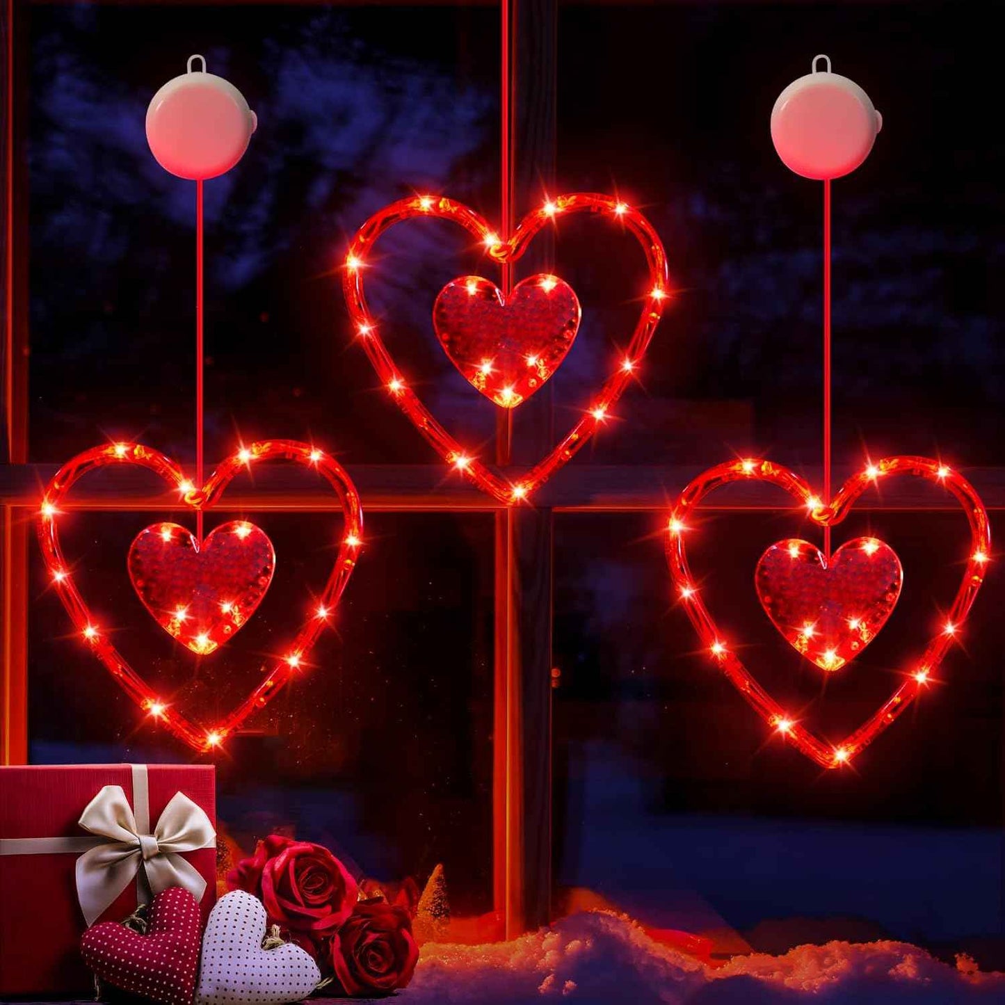 3 Pack Valentines Day Window Lights Decorations with Timer, Battery Powered Hanging Red Lighted Heart Shaped Silhouette Sucker LED Lamp for Fireplace Indoor Home Decor