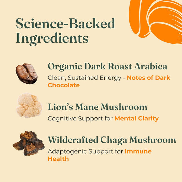 Four Sigmatic Organic Focus Mushroom Ground Coffee Dark Roast with Lion's Mane & Chaga Mushroom for Mental Clarity & Energy Support 12oz Bag
