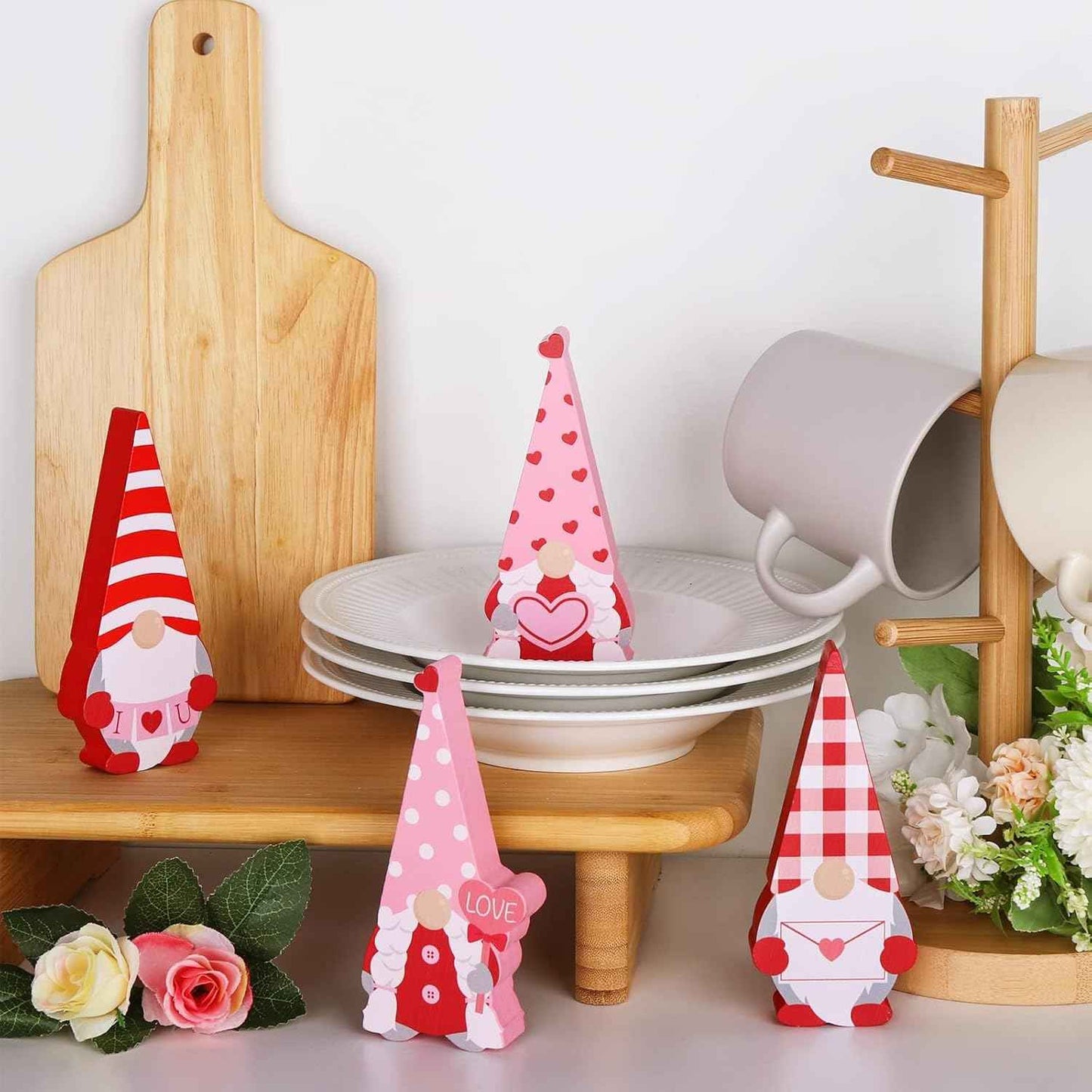 Valentines Day Decor Gnome Table Decorations Sign, 4 Pcs Galentines Day Red and Pink Wooden Tiered Tray Decor, Classic Valentines Day Decorations for The Home Table Decor Valentines Day Gifts