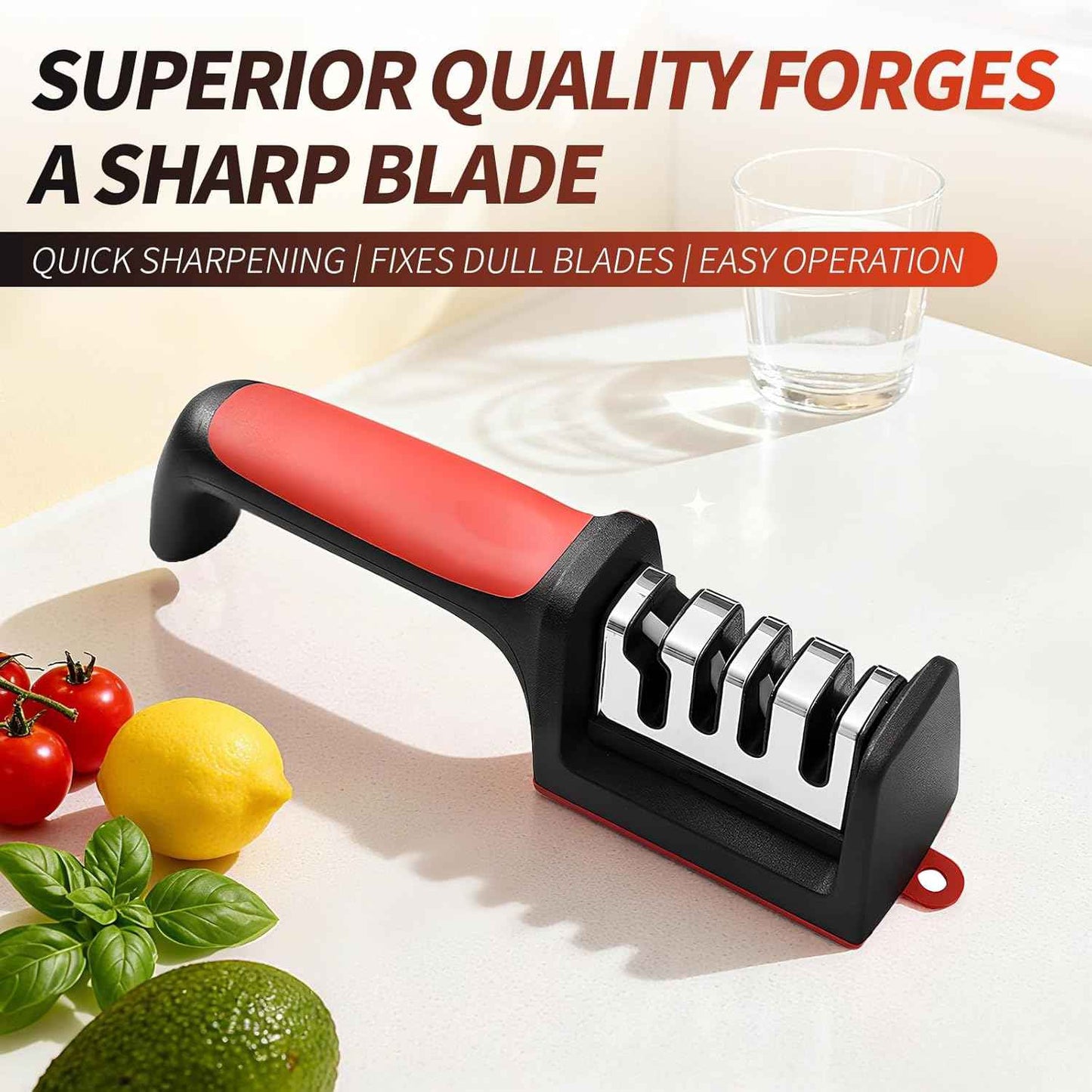 4-in-1 Kitchen Knife Sharpener, Professional Grade with Tungsten Steel and Ceramic Slots, Scissor Sharpening, Black/Red