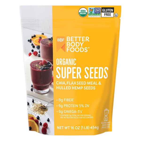 BetterBody Foods Superfood Organic Super Seeds - Chia Flax & Hemp Seeds, Blend of Organic Milled Flax Seed Organic Hemp Hearts, Add to Smoothies Shakes & More, 2lb, 32 oz