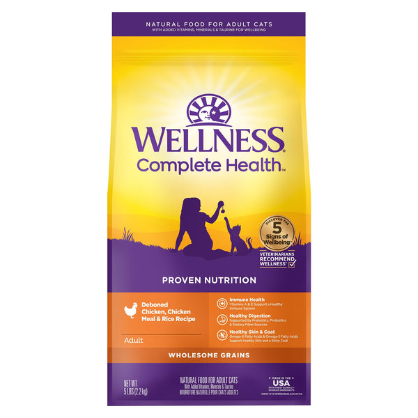 Wellness Complete Health adult dry cat food for indoor and outdoor cats, wholesome grains, natural, chicken and chicken meal, 5-pound bag