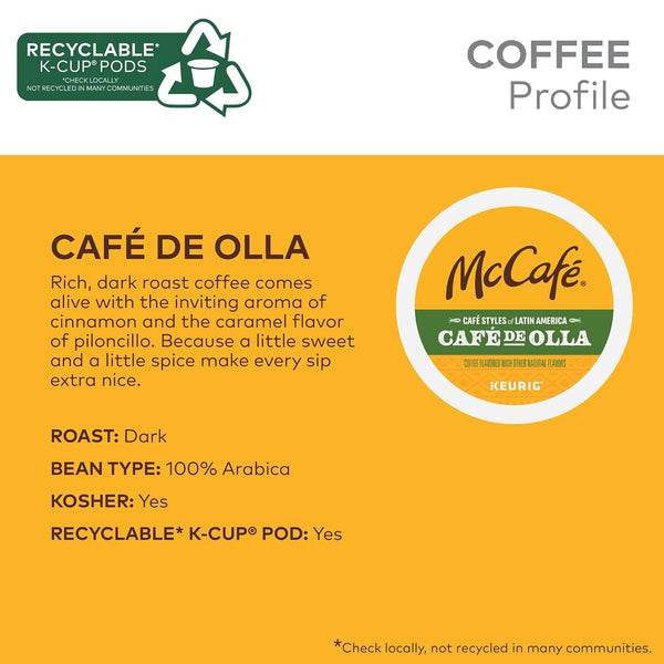 McCafe Cafe Styles of Latin America Cafe de Olla coffee pods, 20 count, dark roast, Arabica beans, kosher, recyclable