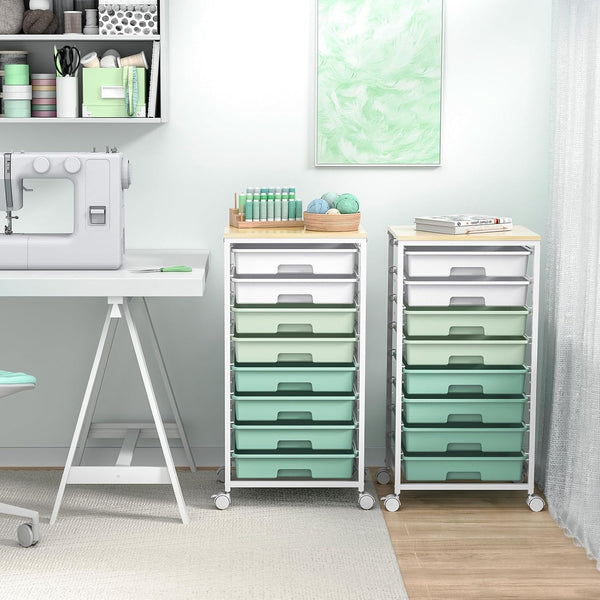 Rolling Storage Utility Cart with 8 Drawers and Wooden Tabletop