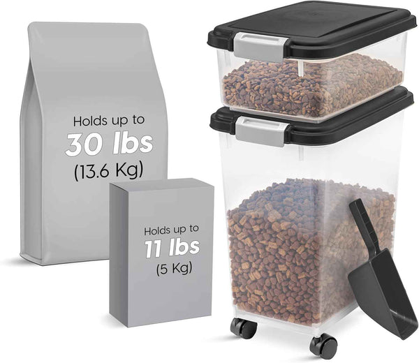 IRIS USA Dog Food Storage Container, 30 lbs & 11 lbs Combo, Cat Food Storage Container, Dog Treat Container, Airtight, Stackable, 2-Cup Scoop, Wheels, Easy Mobility, Black