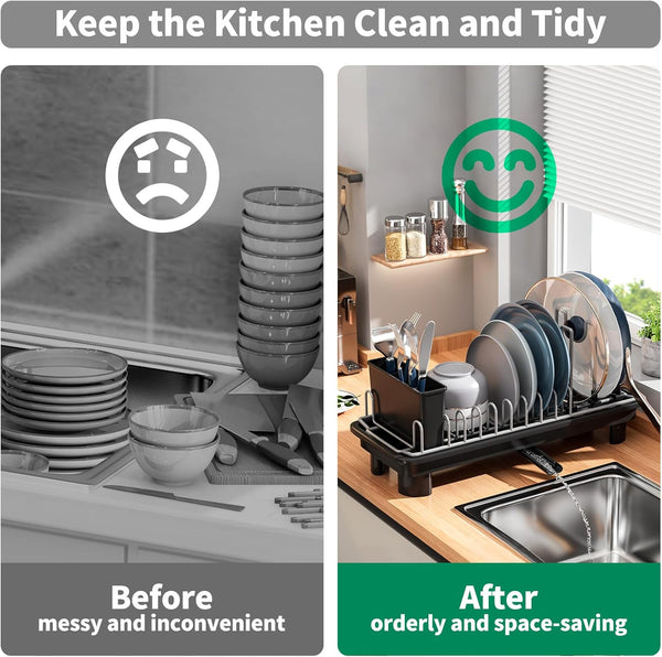 SanDream Small Dish Drying Rack with Removable Utensil Holder & Anti-Scratch Base