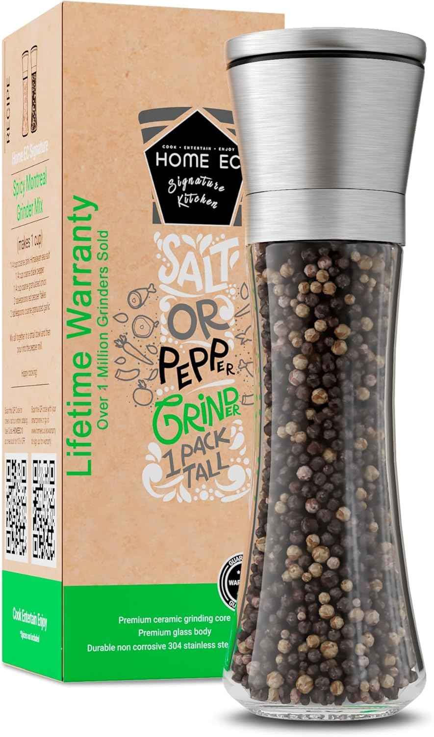 Home EC Premium Stainless Steel Sea Salt and Pepper Grinder Set of 2 - Adjustable Ceramic - Tall Glass Salt and Pepper Shakers - Kitchen Spice Mill W/Funnel & EBook