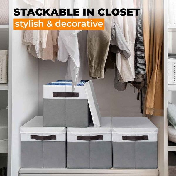 Large Closet Storage Baskets Bins with Lids - 4 Pack, Stackable Cubes for Nursery, Bedroom, Home, Dorm
