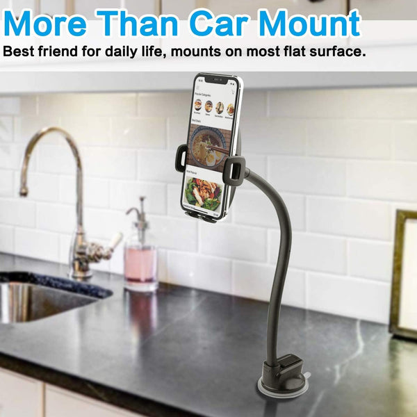 Solid Car Truck Phone Mount Holder with 14-Inch Gooseneck Long Arm, Windshield Window Mobile Holders w/Industrial-Strength Suction Cup, Anti-Shake Stabilizer Compatible All Cell Phones iPhone