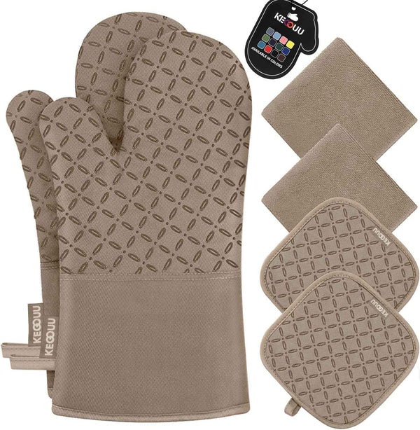 KEGOUU Oven Mitts and Pot Holders 6pcs Set, Kitchen Oven Glove High Heat Resistant 500 Degree Extra Long Oven Mitts and Potholder with Non-Slip Silicone Surface for Cooking (Grey)