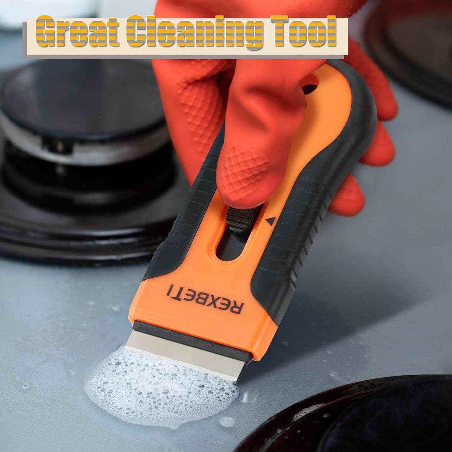 REXBETI Razor Blade Scraper Tool, 2 Pack Razor Scraper Set with Extra 80Pcs Razor Blades -30Pcs Metal and 50Pcs Plastic Blades, Cleaning Scraper Tool, Cooktop, Paint, Glass Scraper