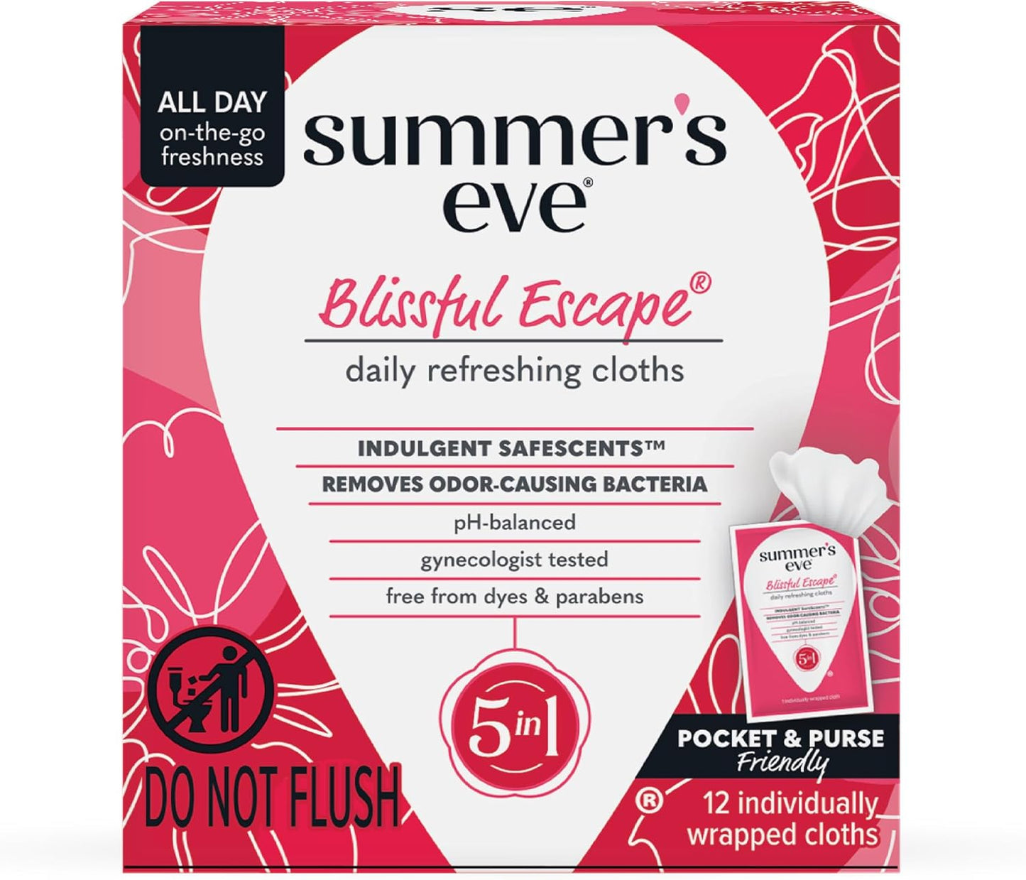 Summer's Eve Ultimate Odor Protection Daily Feminine Wipes, Gentle pH-Balanced Formula with Boric Acid Cleanses & Removes Vaginal Odor, Individually Wrapped Body Wipes, 12 Count