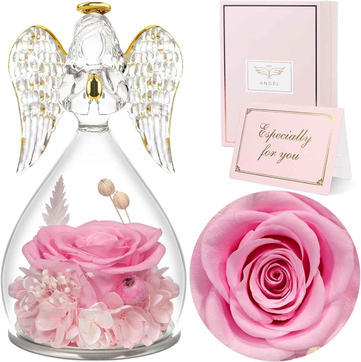 Sunia Valentines Day Rose Gifts for Women, Birthday Gifts for Mom Grandma, Forever Preserved Flower in Glass Angel Figurines Flowers for Delivery Prime, Mothers Day Real Roses for Her Wife
