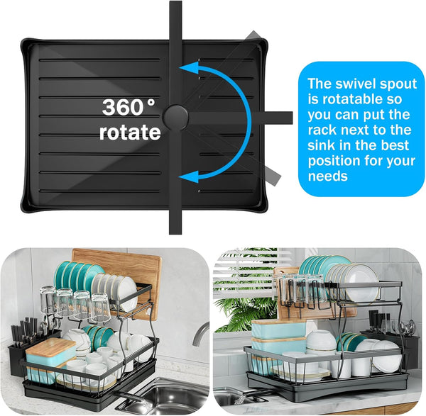 Large capacity 2-tier dish drying rack for kitchen counter