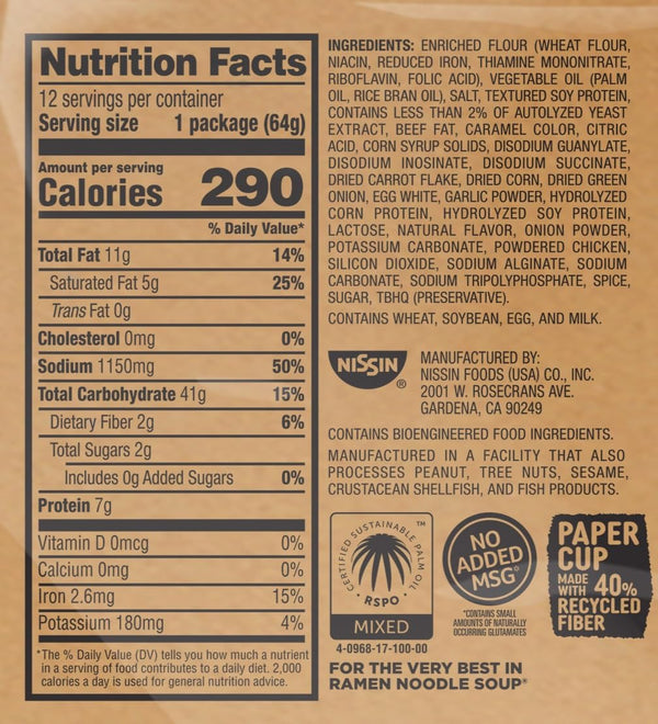 Nissin Beef Flavor Instant Ramen Microwaveable Paper Cups, 2.25 Ounce, Pack of 12