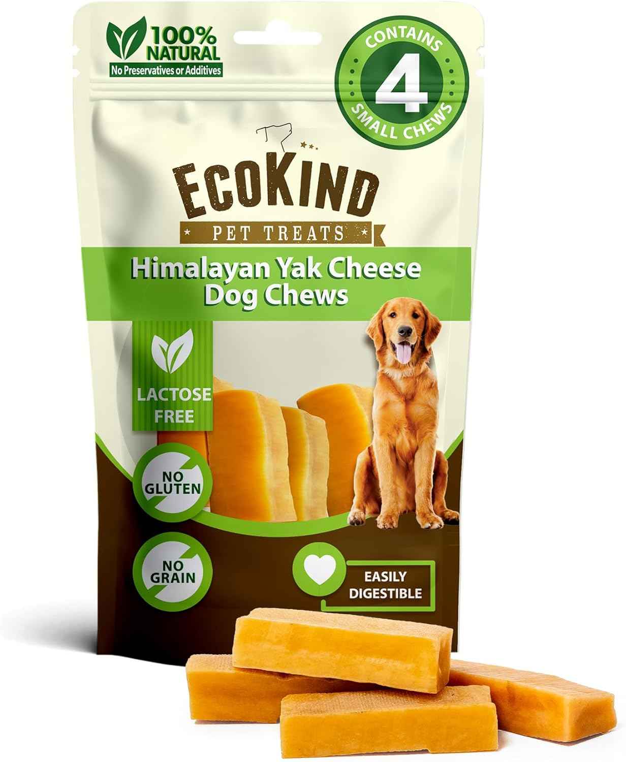 EcoKind Premium Gold Yak Cheese Himalayan Dog Chews, Dog Treats Large Breed, All Natural, High Protein, for Aggressive Chewers, Large - 4 Chews (1 lb)