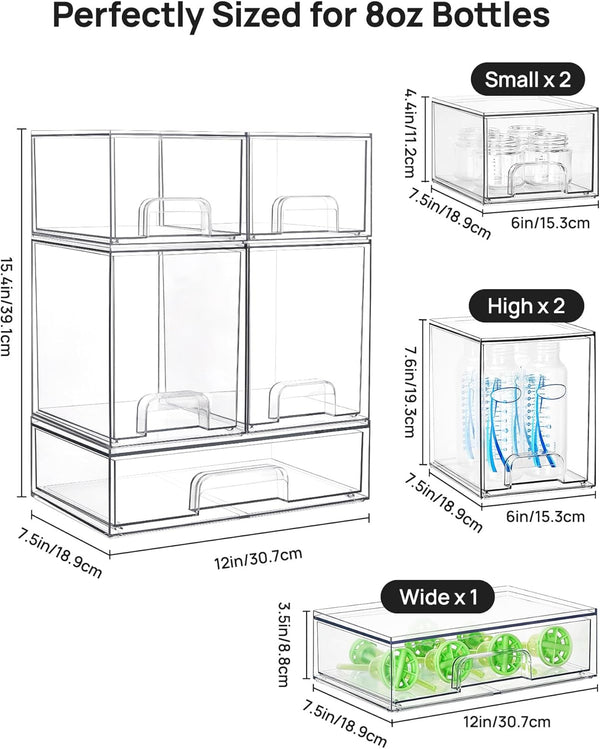 Clear Plastic Stackable Storage Drawers Set of 5 for Kitchen Countertop Organization