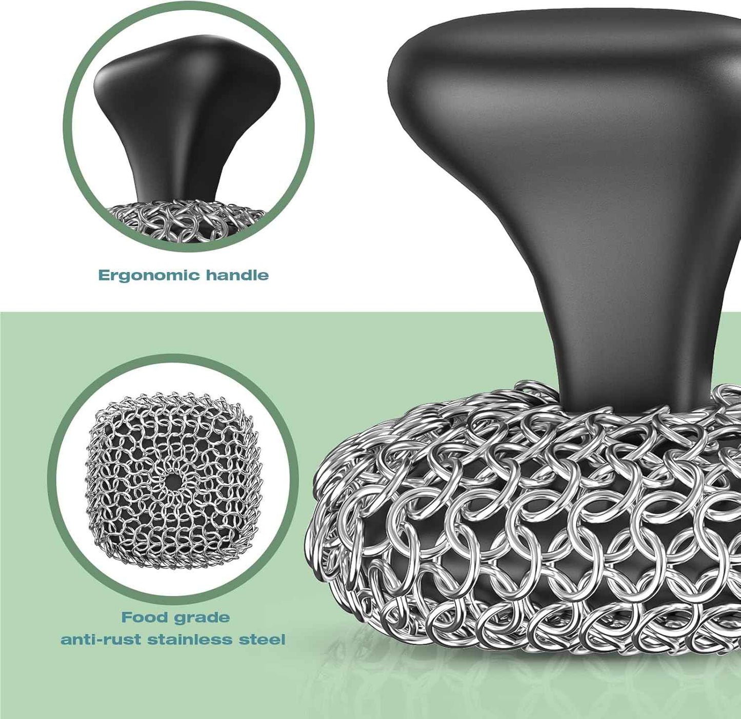 316 cast iron scrubber chainmail scrubber with pan scraper for kitchen and pan cleaning, dishwasher safe, black