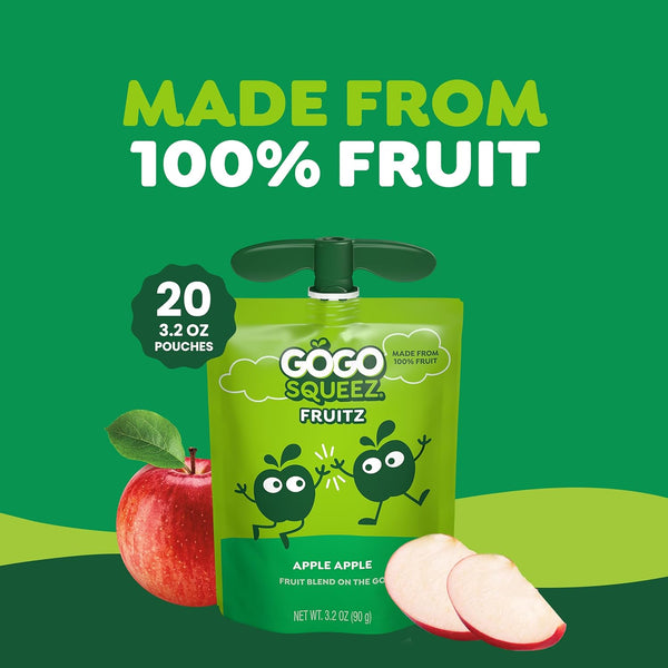 GoGo squeeZ No Sugar Added Applesauce and Fruit Puree, Apple, 3.2 oz Pouches, Pack of 20, Fruit Snacks for Kids