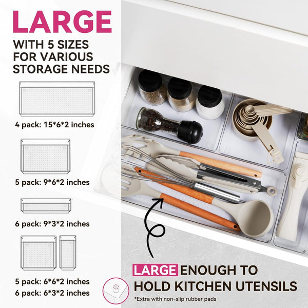 Large drawer organizer bins for kitchen, bathroom, and office use