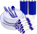 WELLIFE 700 Pieces Gold Plastic Dinnerware Set for 100 Guests - Includes Plates, Cups, Napkins, and Disposable Cutlery - Elegant White & Gold Design, Perfect for Parties and Events