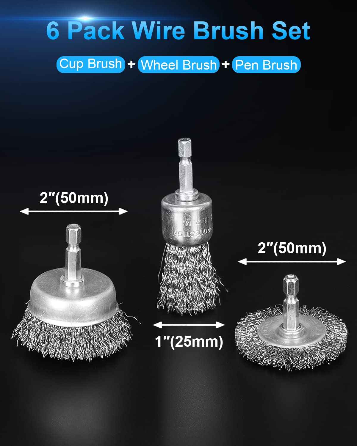 Rocaris 6 Pack Carbon Steel Wire Wheel and Pen Brush Set with 1/4-Inch Hex Shank for Rust Removal, Corrosion and Scrub Surfaces