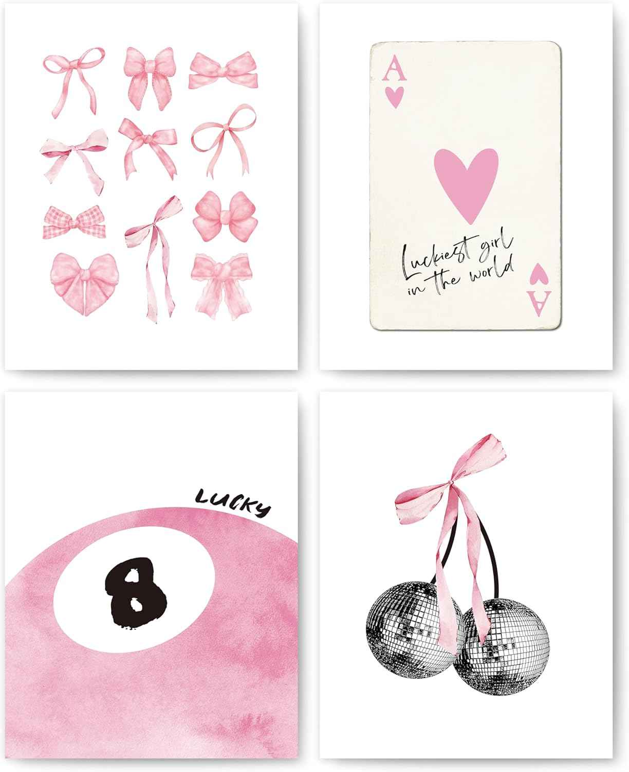 okaxscm Sage Green Coquette Trendy Preppy Wall Art Prints Set of 4, Coquette Preppy Room Decor Aesthetic, Green Bow Disco 8 Ball Cherry Wall Decor Posters for Girls Bedroom Dorm, 8x10 Unframed