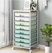 Rolling Storage Utility Cart with 8 Drawers and Wooden Tabletop