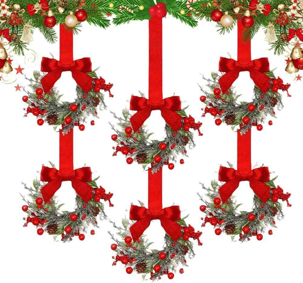 Small Christmas Wreath, 6 Pcs 6" Mini Christmas Wreaths for Cabinets, Small Cabinet Wreaths for Kitchen Cabinet Window Door Farmhouse Christmas Party Decorations Candle Rings Fireplaces (A)