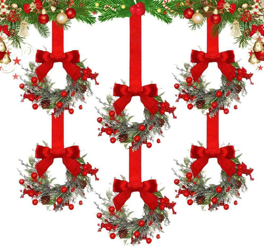 Small Christmas Wreath, 6 Pcs 6" Mini Christmas Wreaths for Cabinets, Small Cabinet Wreaths for Kitchen Cabinet Window Door Farmhouse Christmas Party Decorations Candle Rings Fireplaces (A)