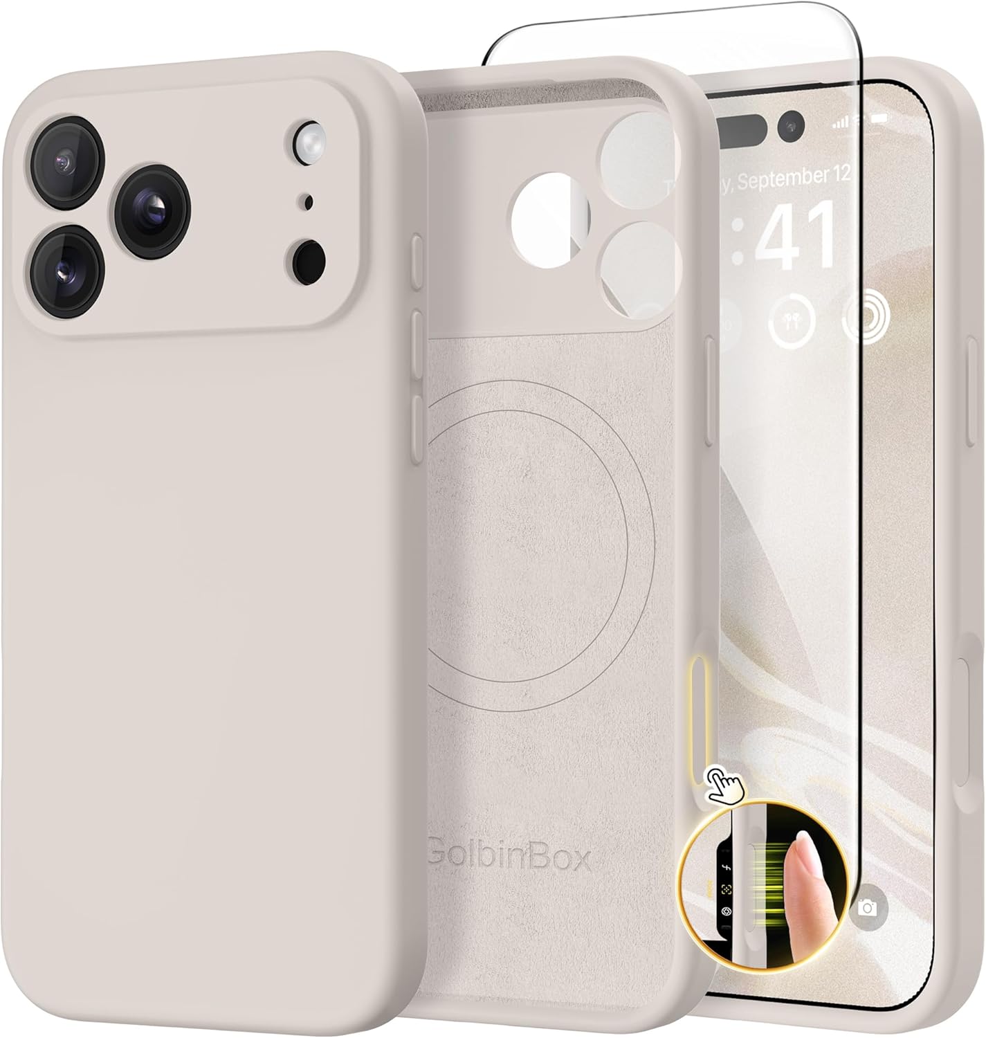 GolbinBox Magnetic for iPhone 17 Pro Max Case, Compatible with MagSafe, [Full Camera Protection] [Screen Protector], Silicone Shockproof Phone Cover with Anti-Scratch Microfiber Lining, Chalk Pink